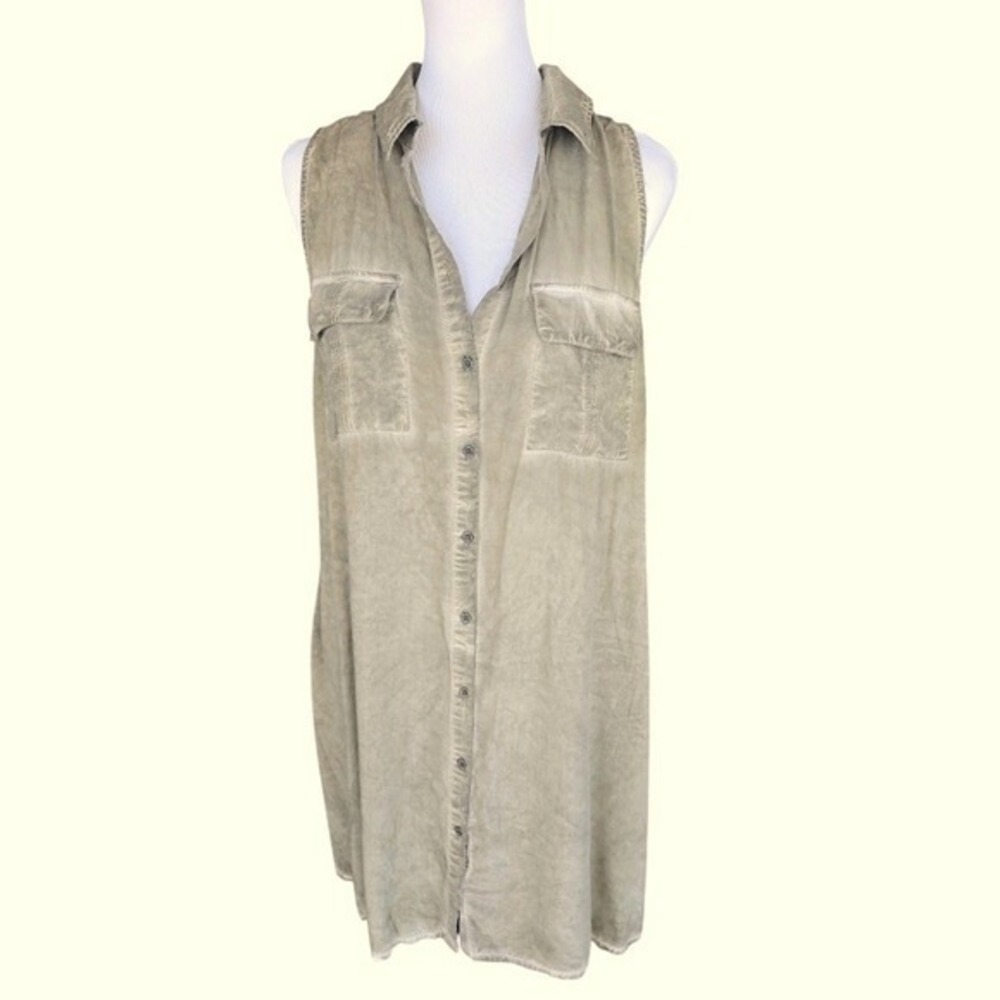 Umgee Womens Sleeveless Mineral Wash Button Down Tunic Top Olive Green Small